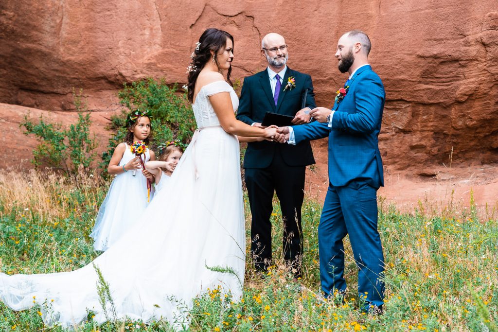 groom declares his vows to his bride during their Larkspur, Colorado elopement ceremony