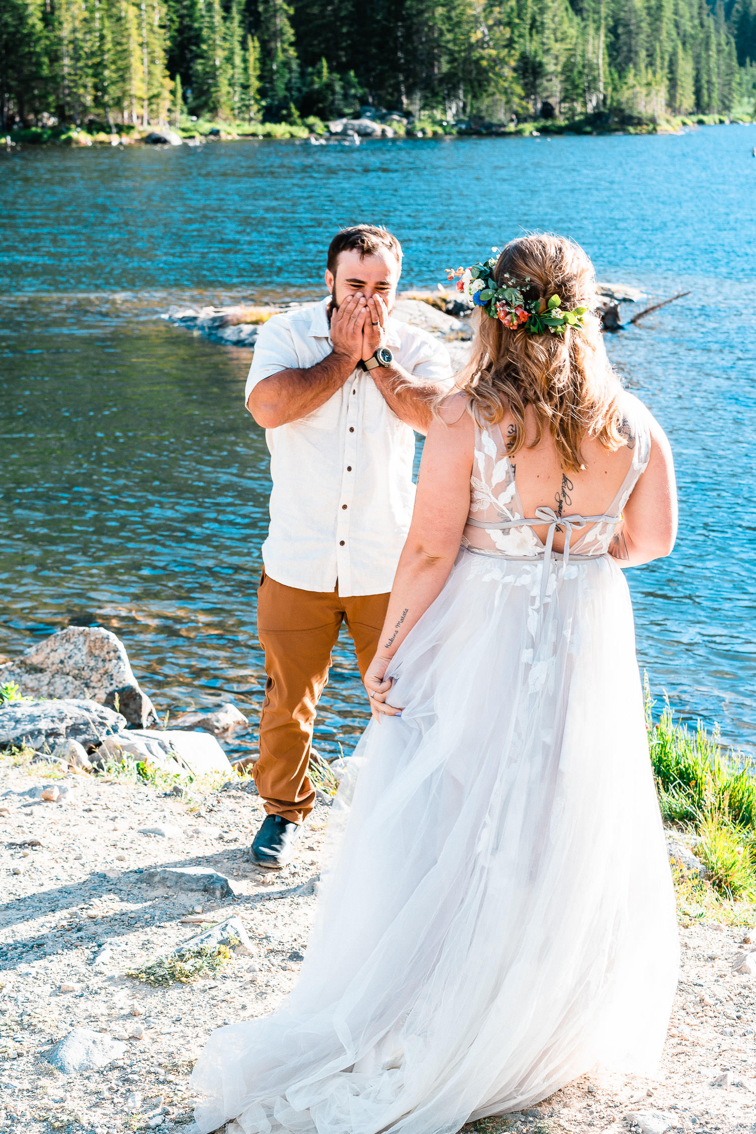 bride and groom during their first look in Breckenridge Colorado during their Blue Lakes Elopement