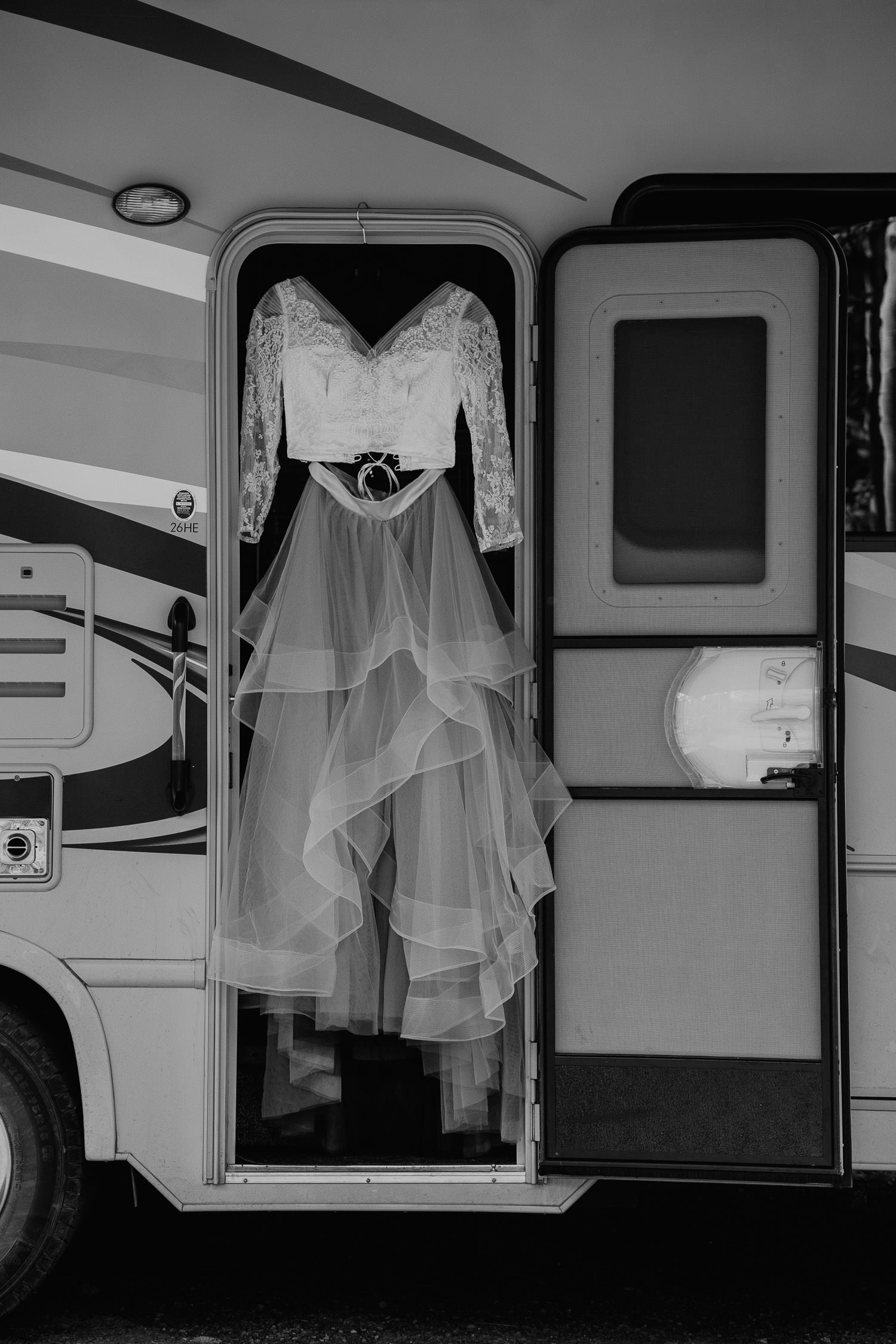 Bride's dress in her RV