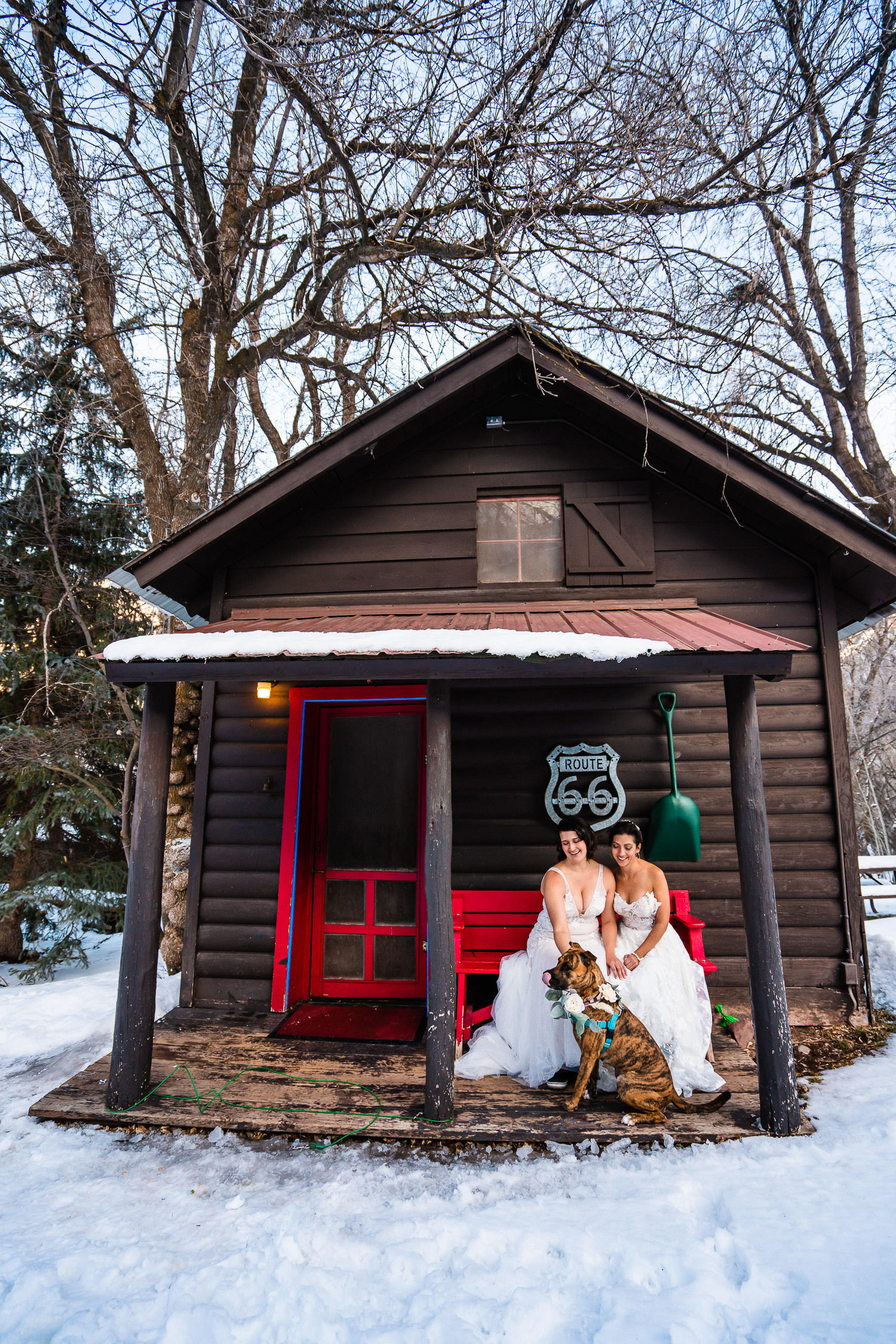 Two brides and their dog outside of a snowy mountain cabin
