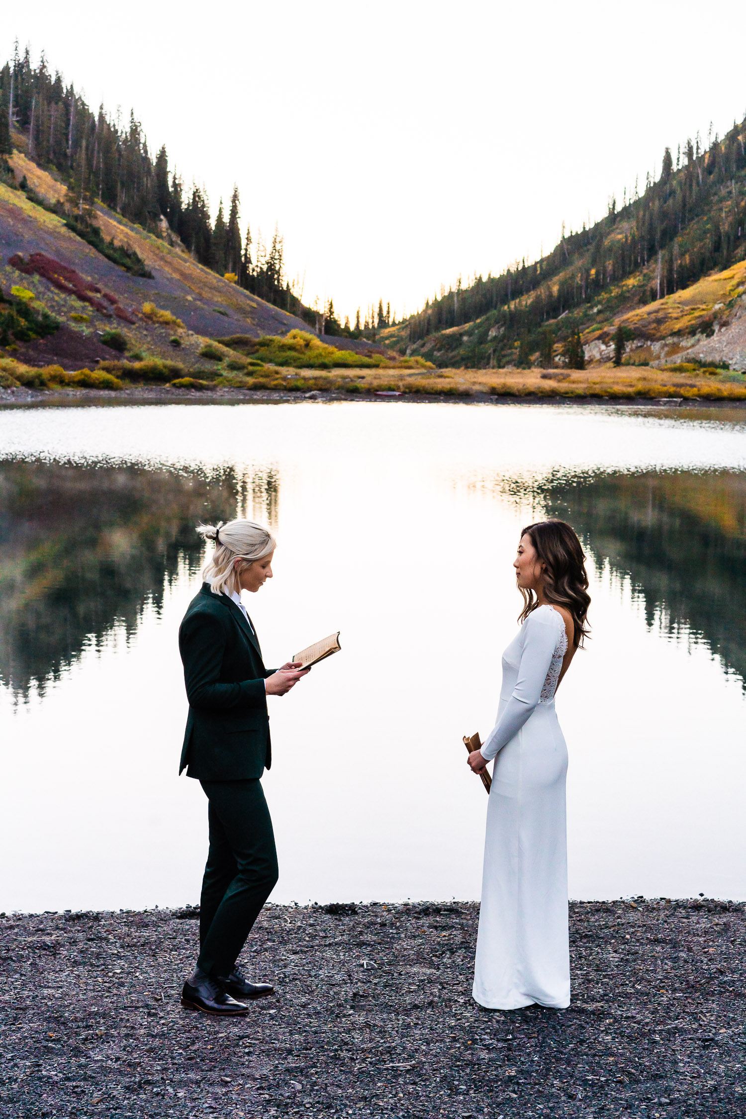 brides self solemnizing on the shore of a high alpine Colorado mountain lake