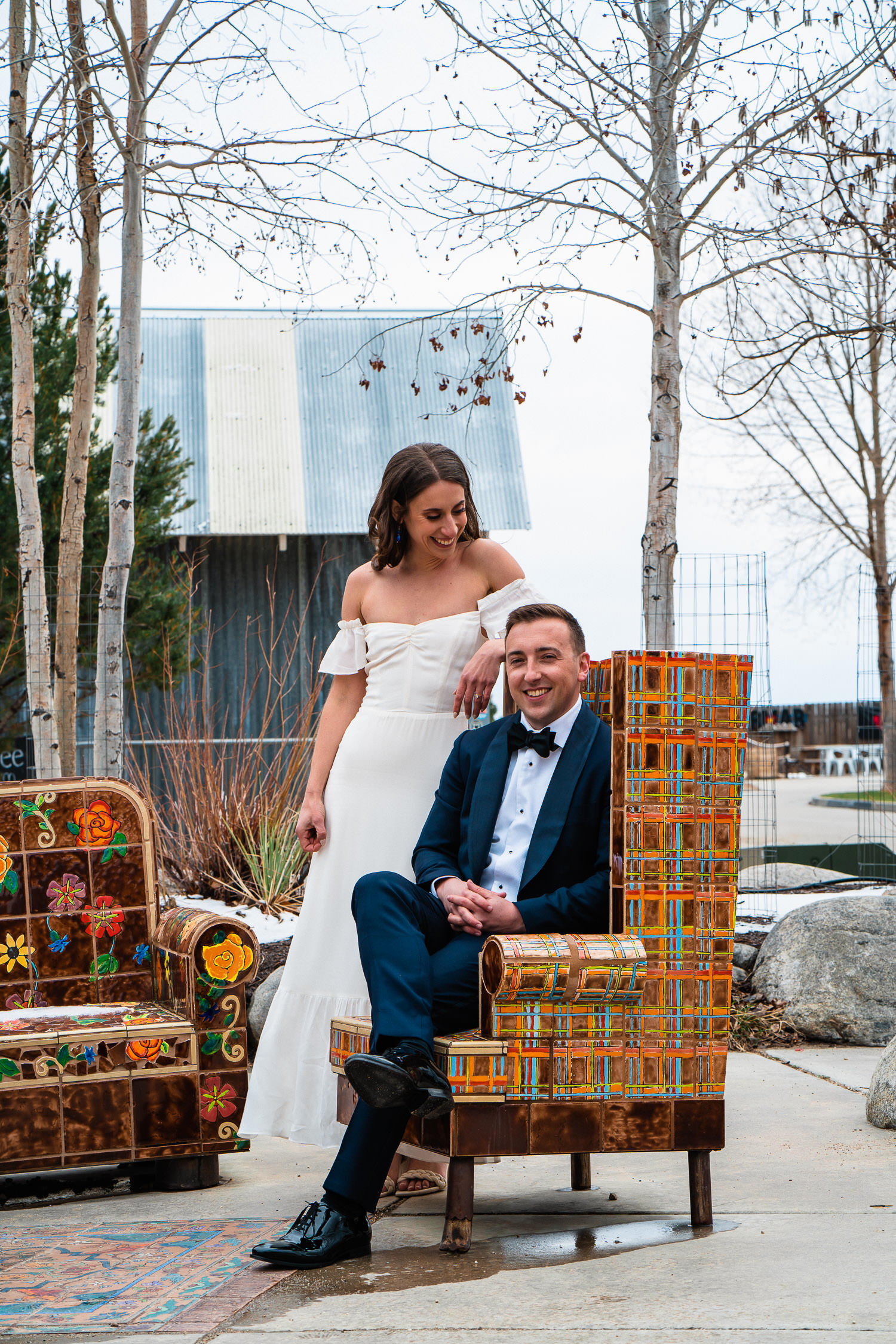 newlyweds play outside of the Surf Hotel during their Buena Vista elopement