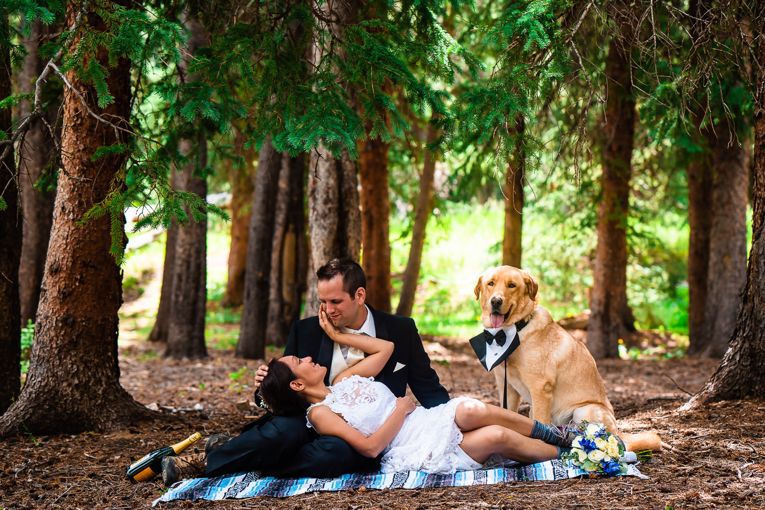Couple cuddles in the woods with their dog during their Breckenridge elopement
