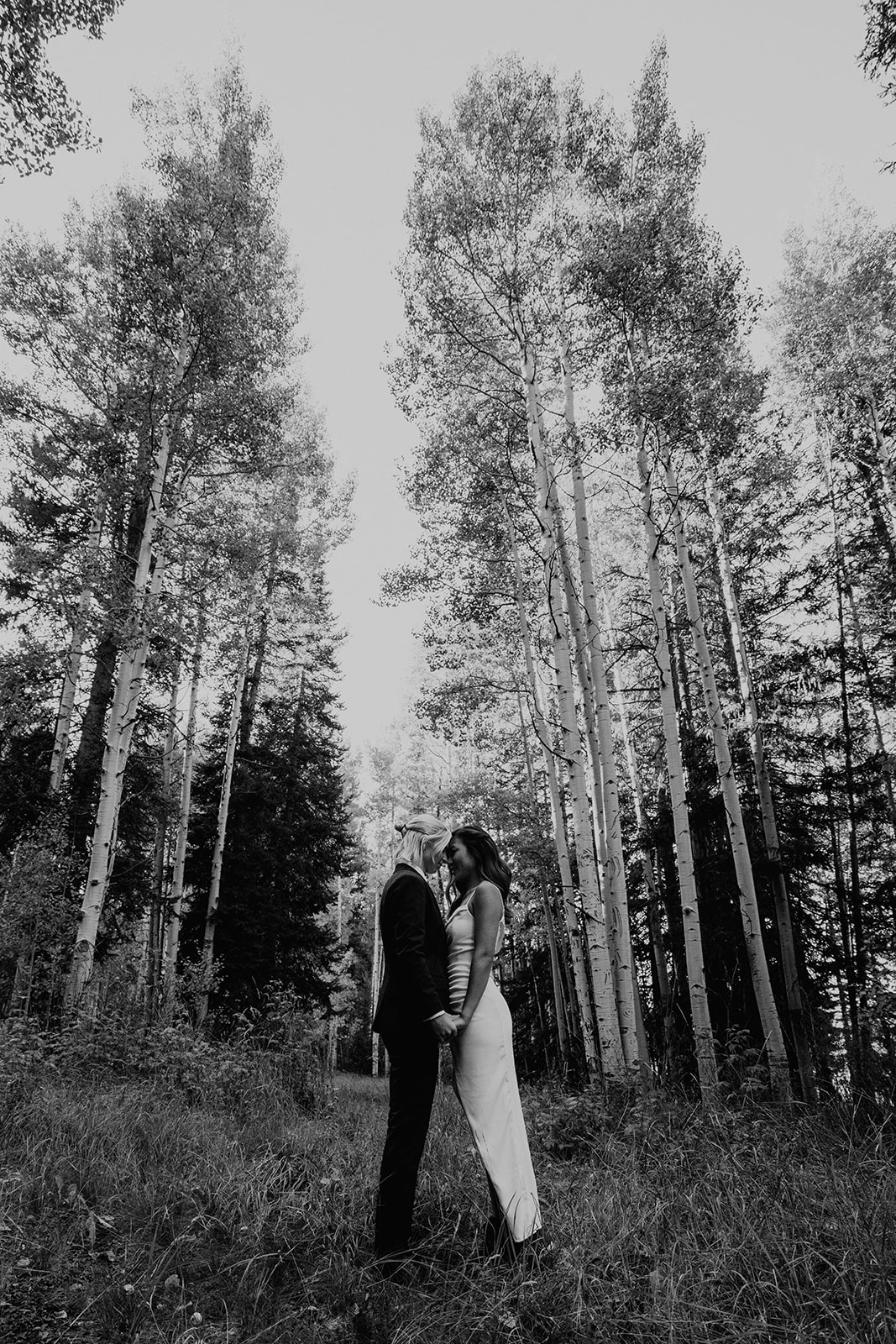 Adventurous Lesbian Elopement at Crested Butte in the mountains surrounded by towering trees