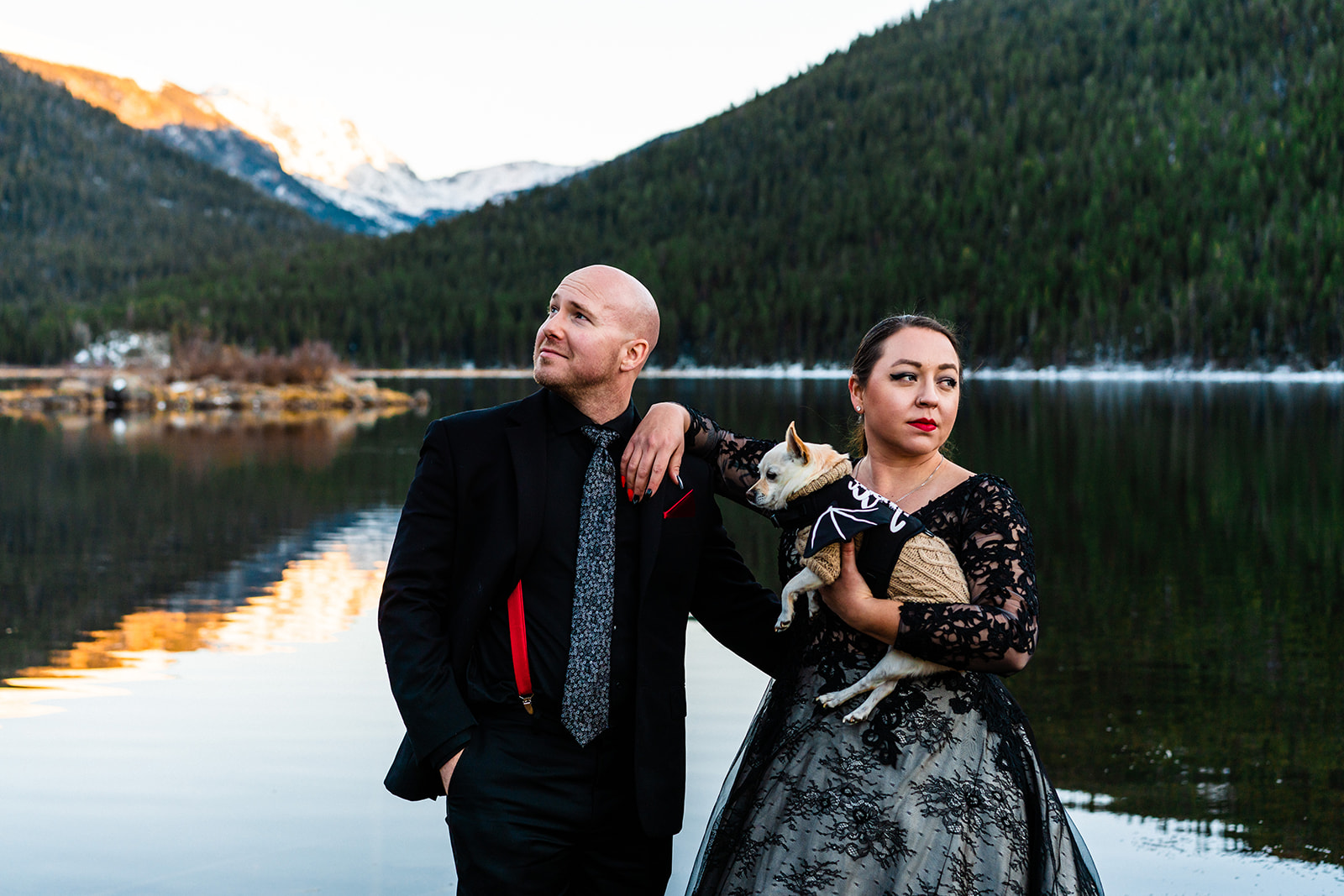 Beautiful bride and groom photos with spooky attire and pet dog