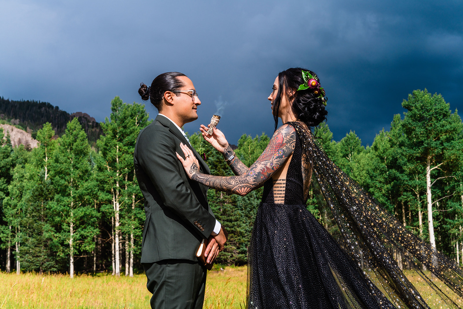 Beautiful bride and groom photos with spooky attire and decor