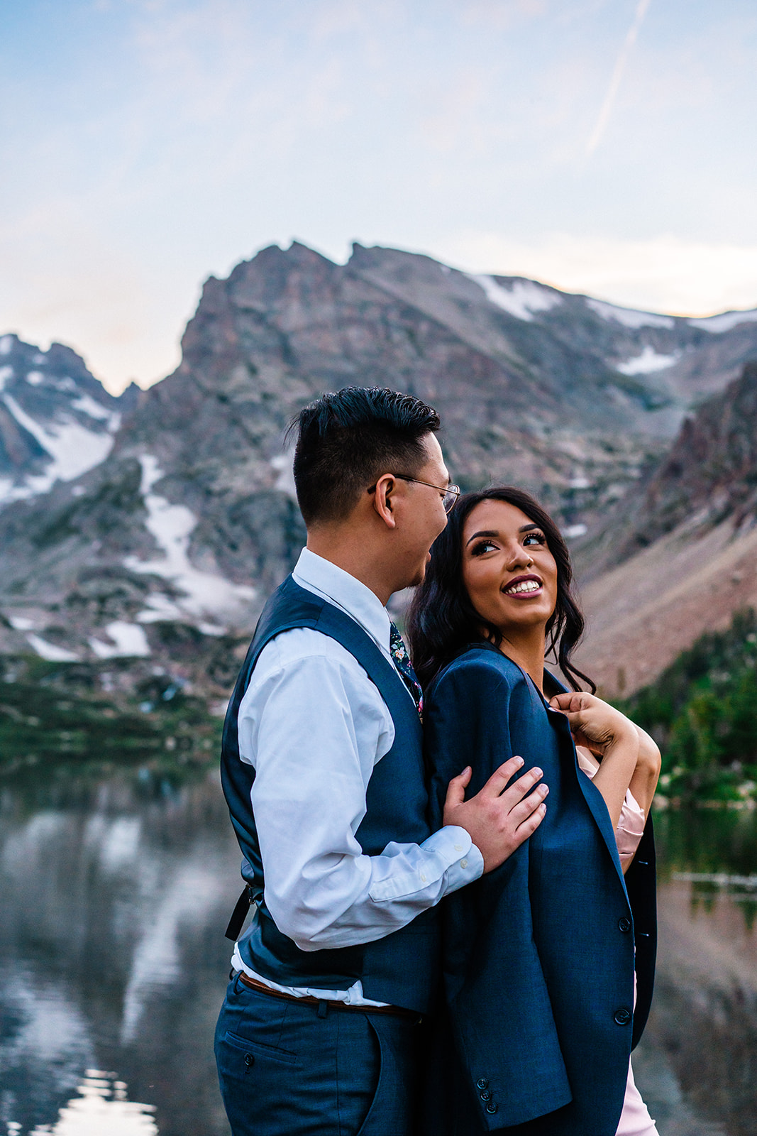Beautiful bride and groom during their outdoor boulder elopement day
