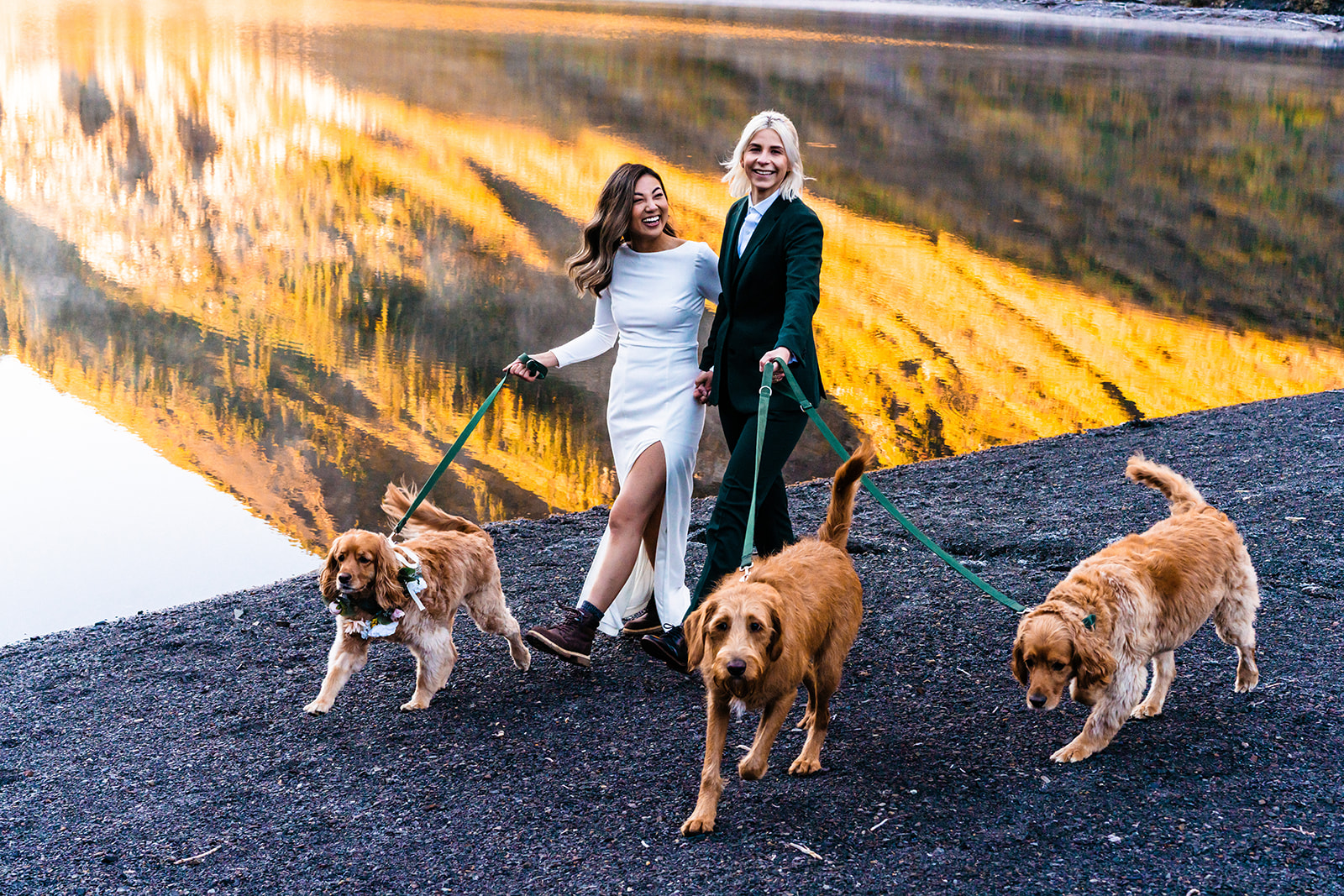 Lesbian couple walking with their dogs during their Colorado elopement