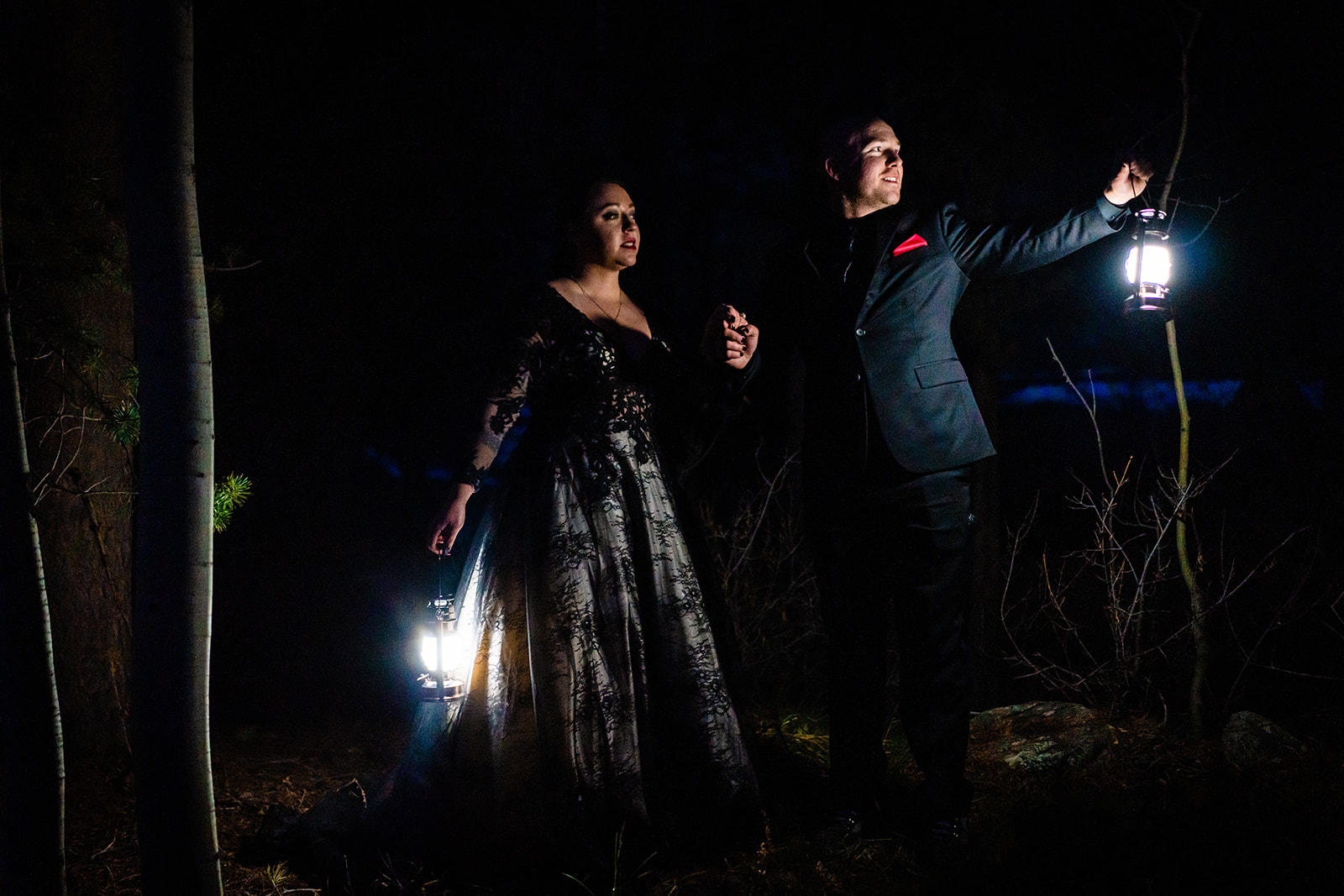 Halloween elopement with a black wedding dress in the woods