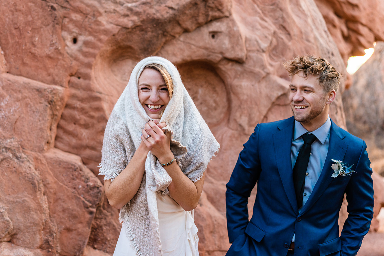 Newly engaged couple acting silly at the Garden of the Gods