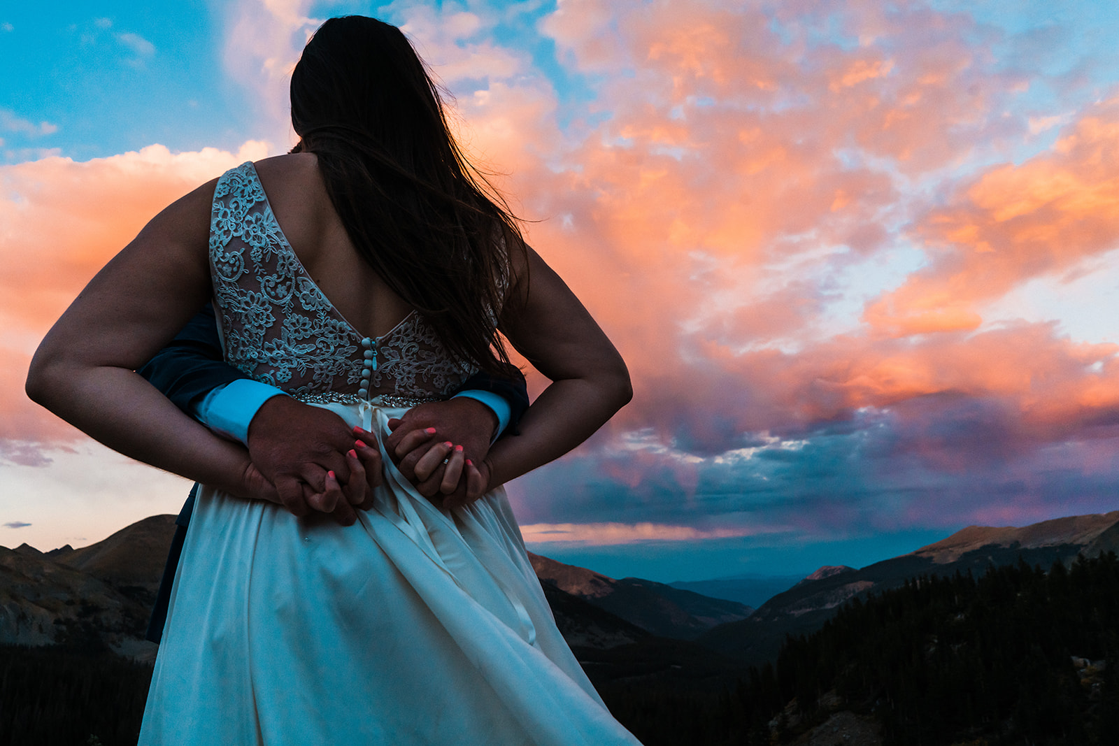 Bride and groom portraits at Alpine Lake during sunset