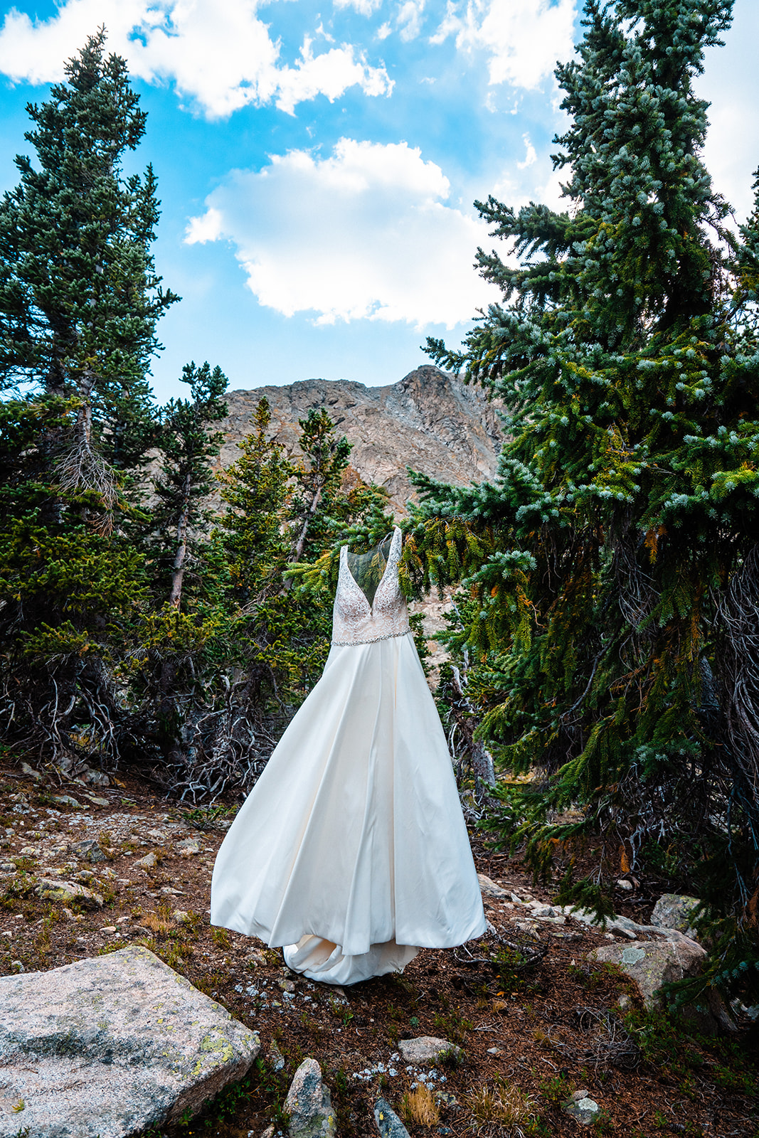 Beautiful wedding dress in Colorado mountains