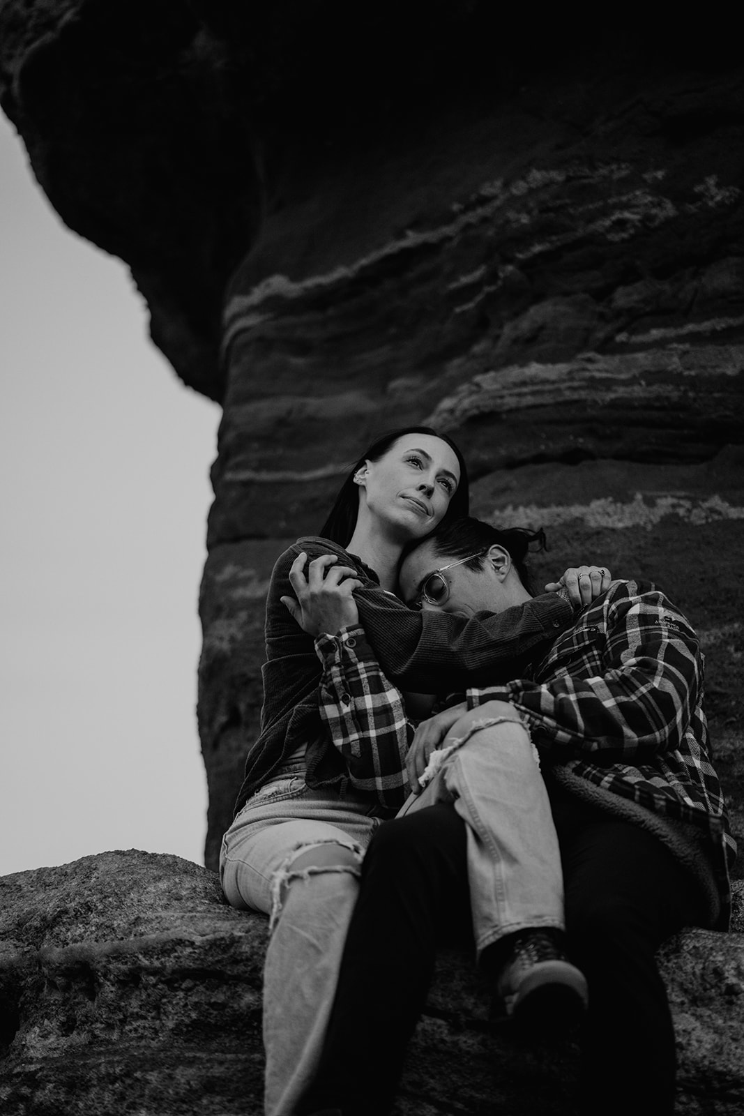 Black and white photo of newly engaged couple at the Garden of the Gods