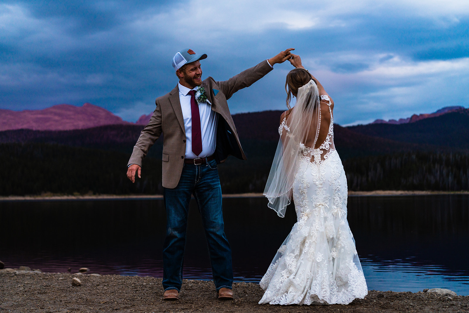 Bride and groom having their first dancing during sunset
