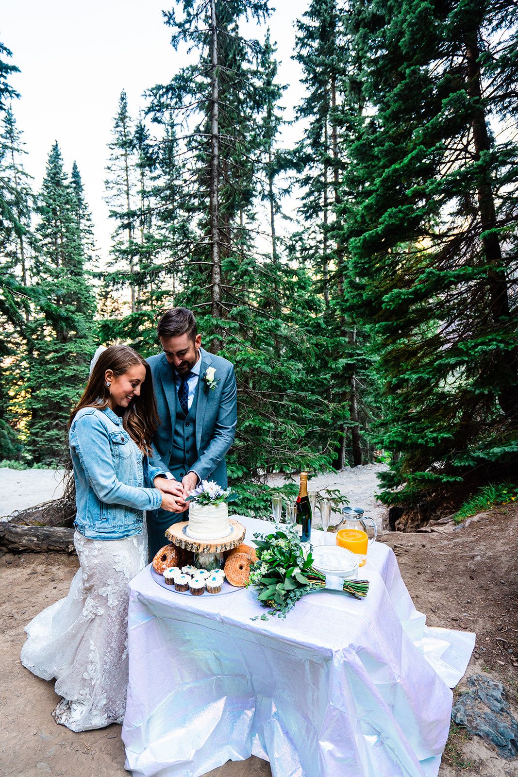 Bride and groom cutting elopement cake in the mountains of Colorado