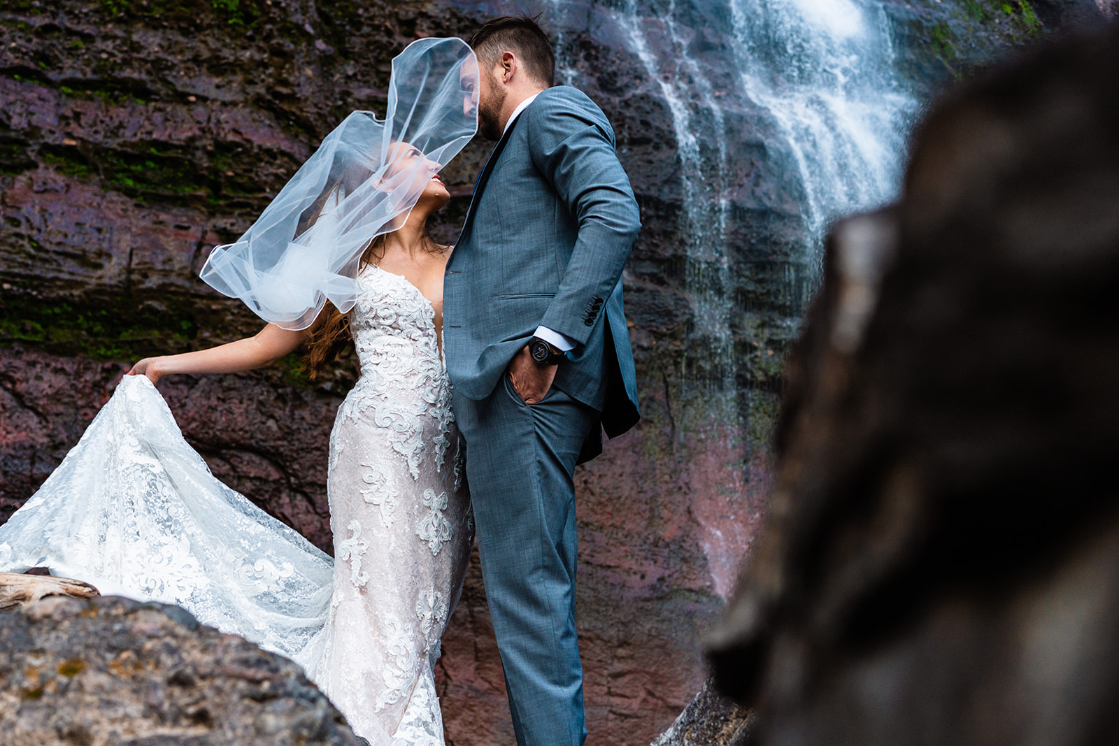 Adventure Bridal Veil Falls elopement day with dreamy backdrops and mountain views in Colorado