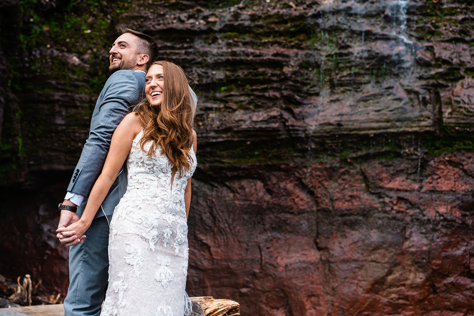 Adventurous bride and groom at Bridal Veil Falls