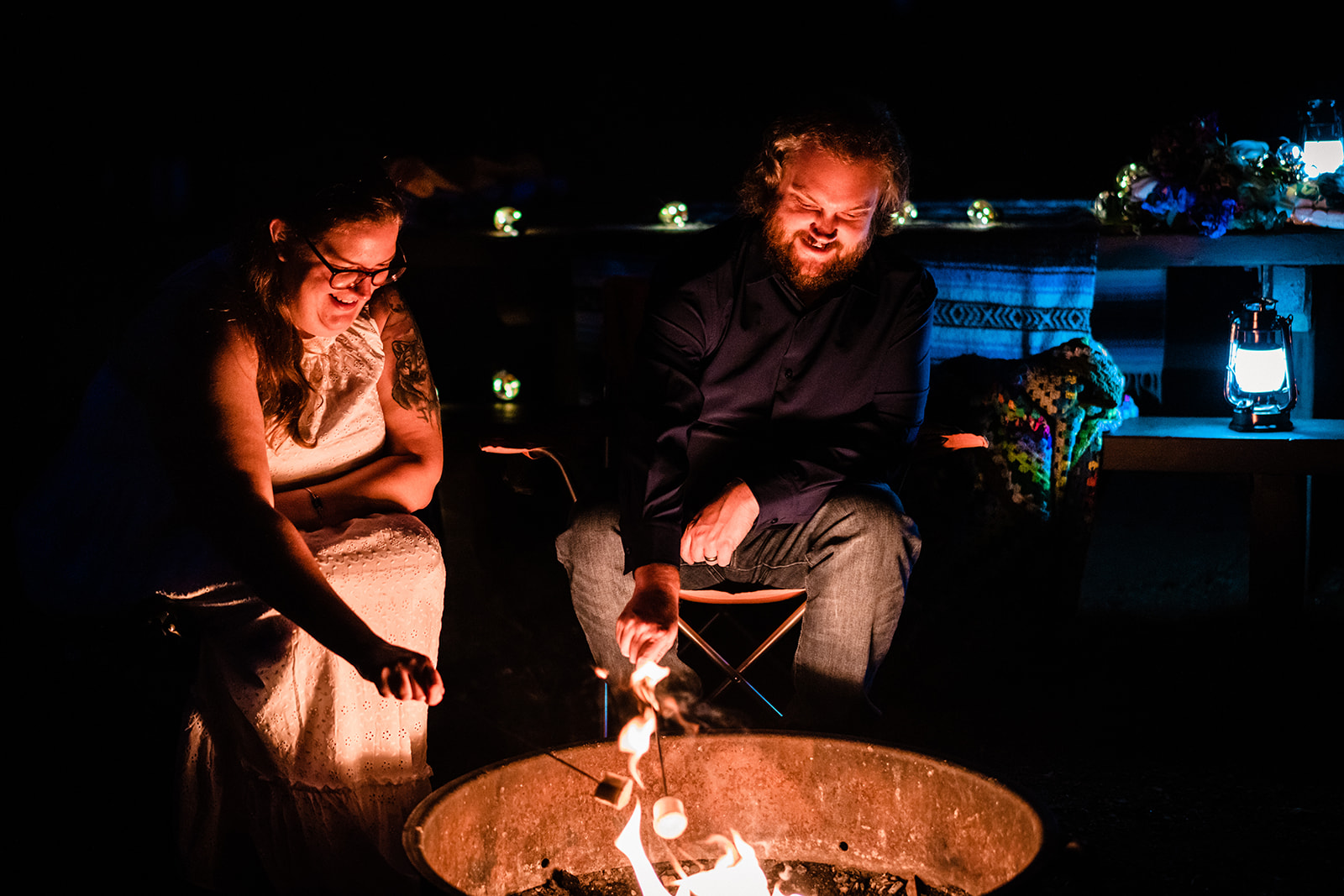 Bride and groom making S'mores as their wedding ritual