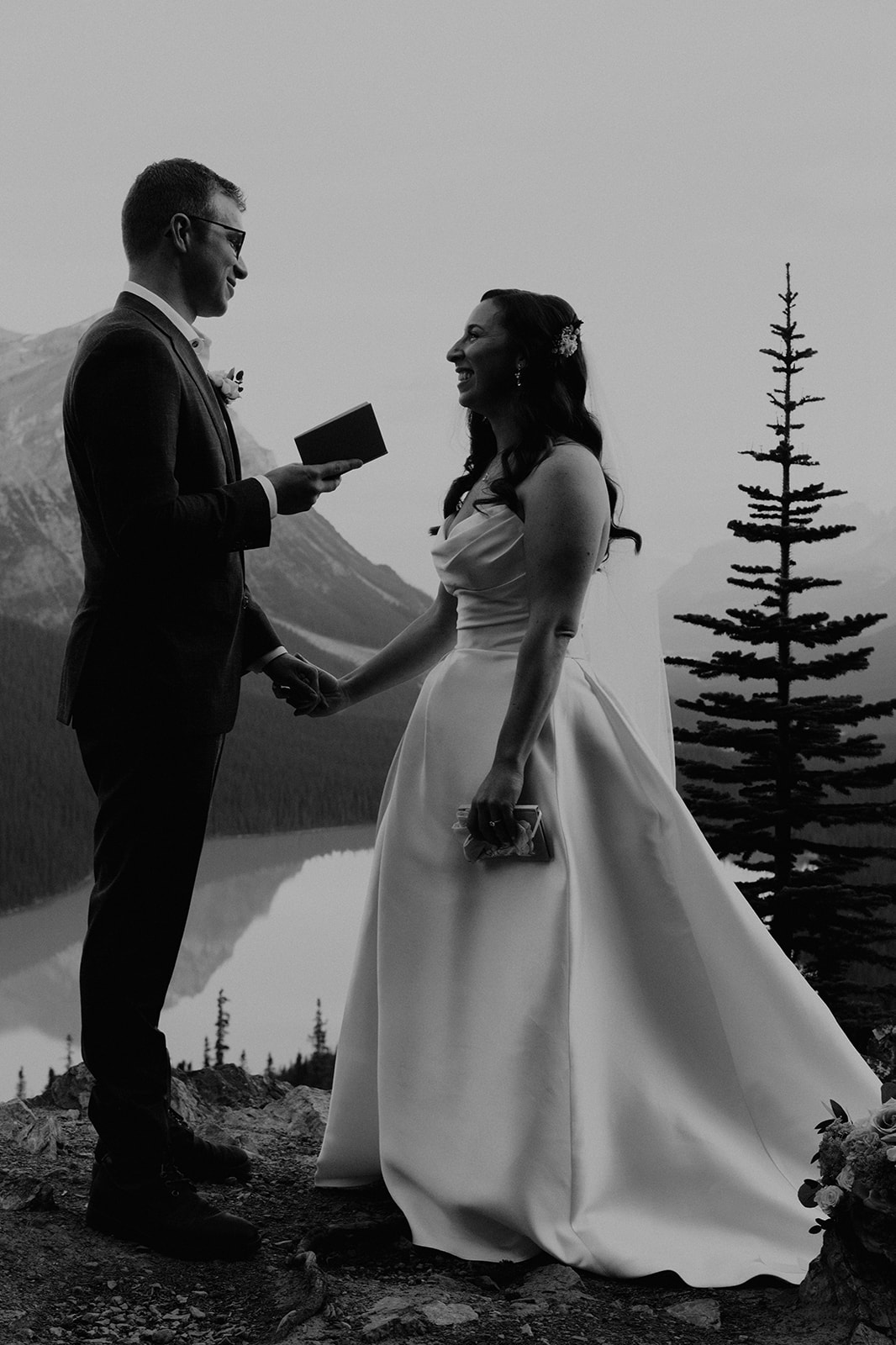 Black and white photo of Intimate Banff wedding Vow Exchange with Bride and groom