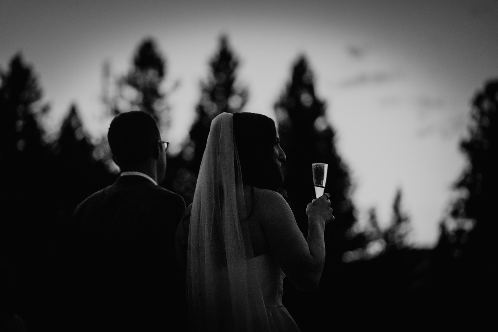 Black and white photo of bride and groom toasting during sunset