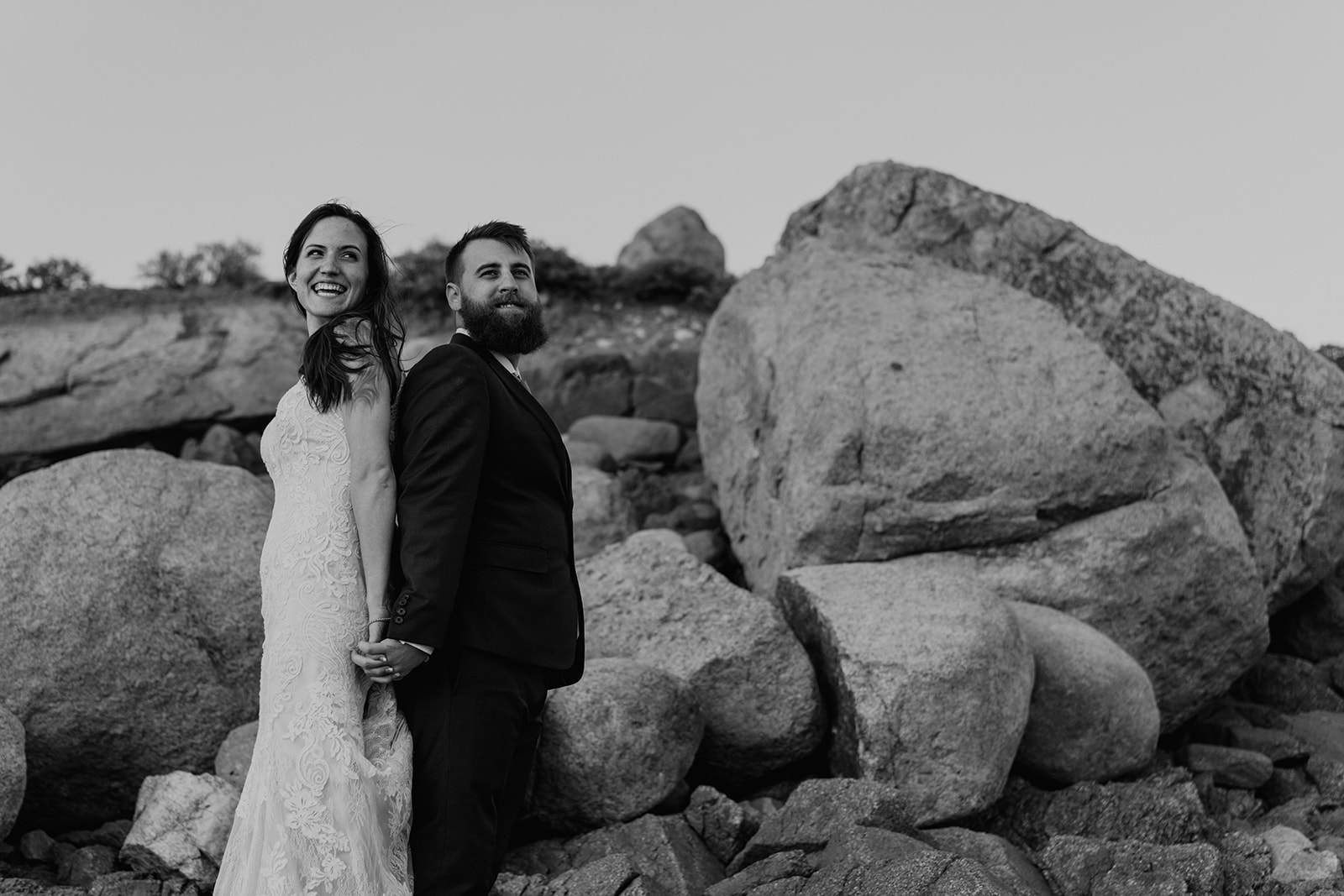 Black and white photo of Adventurous bride and groom at Twin Lakes in Leadville, CO