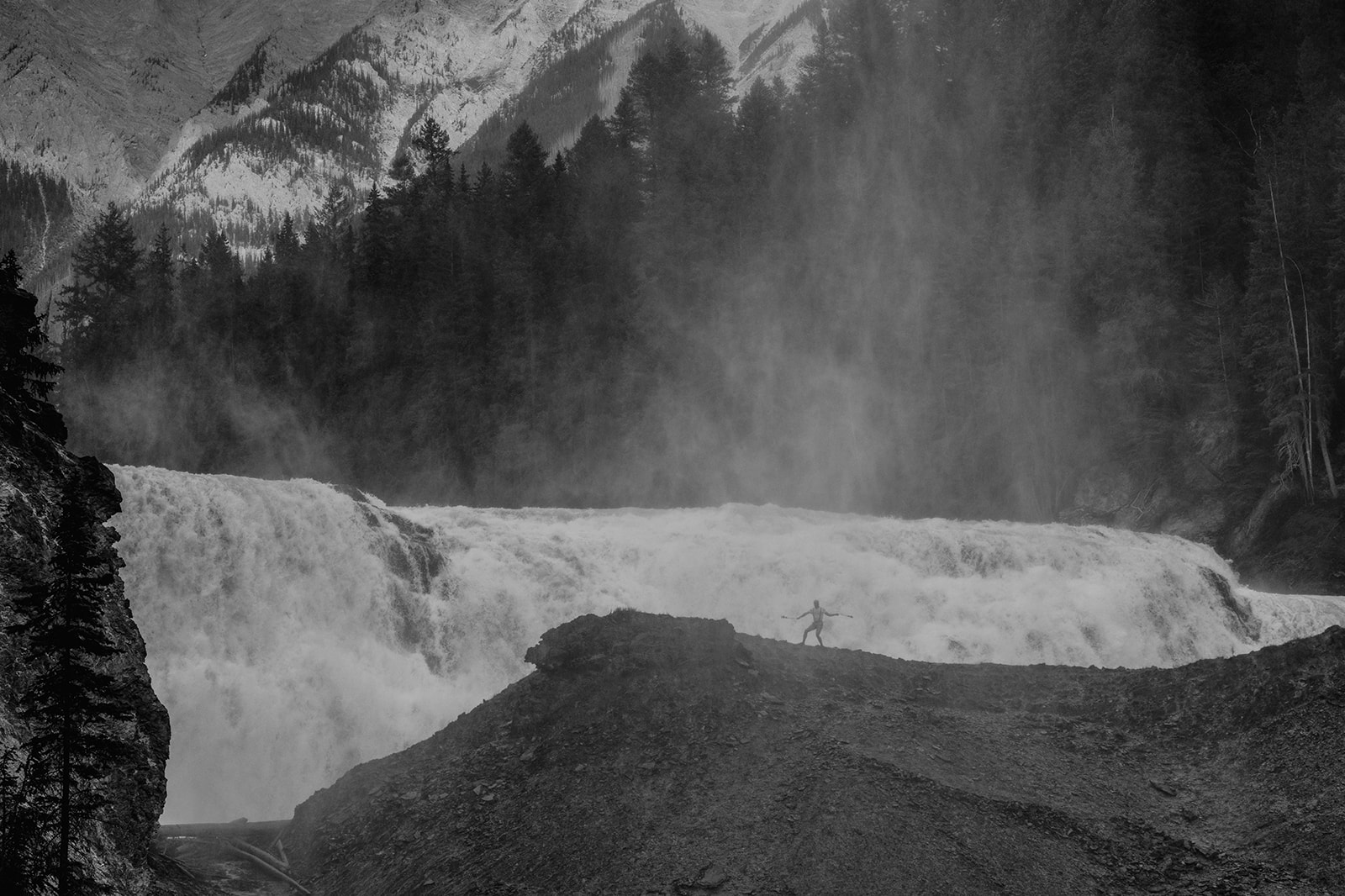 Black and white photo of Yoho National Park of Canada Waterfall