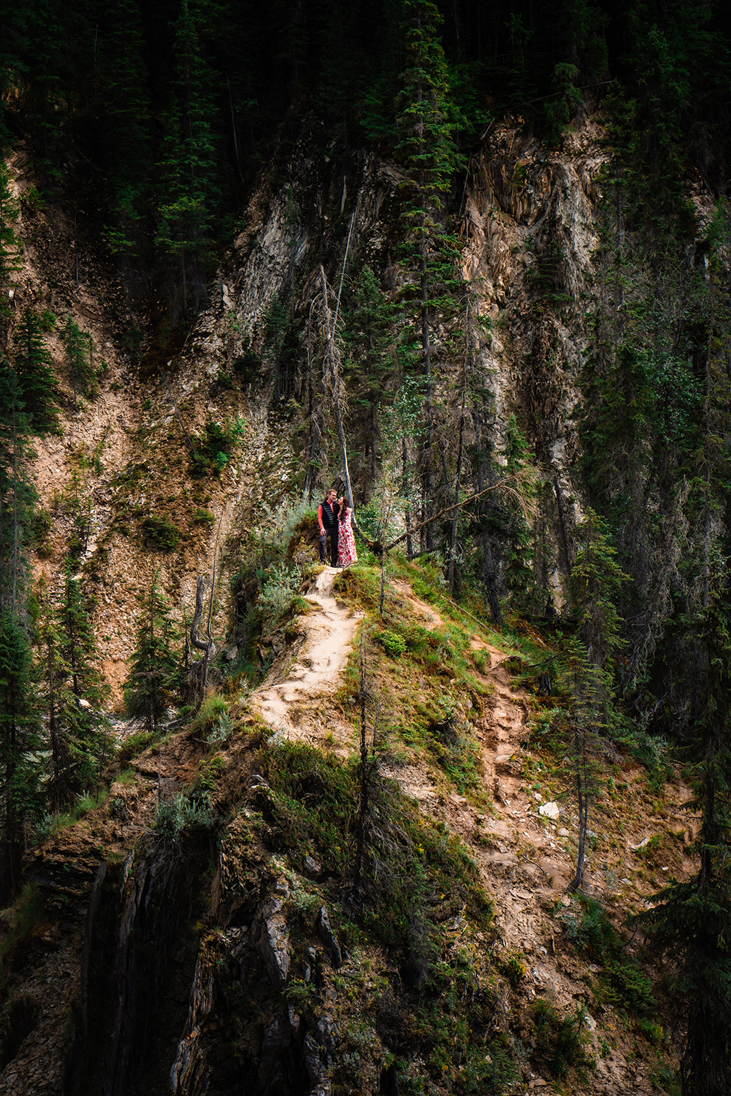 Bride and groom standing on a mountain in Yoho National Park of Canada