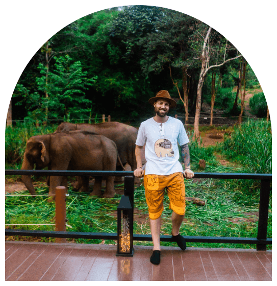 Kevin posing with elephants in Thailand