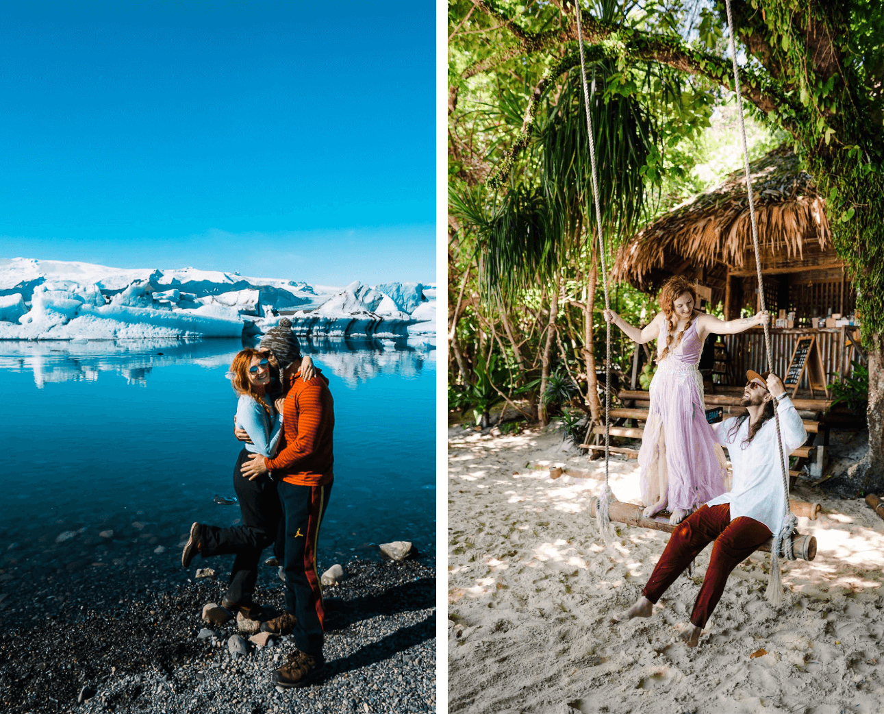 2 photos: 1) a man and woman embrace with water and a glacier in the background 2) a man and woman on a large swing in the jungle