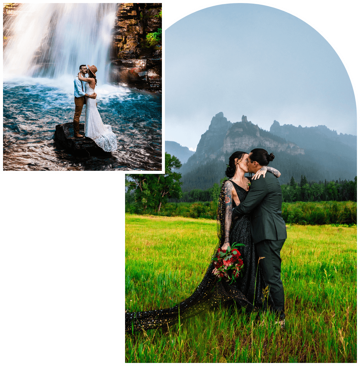 1: a bride and groom kiss standing on a rock in front of a waterfall 2: a bride and groom kiss standing in a field