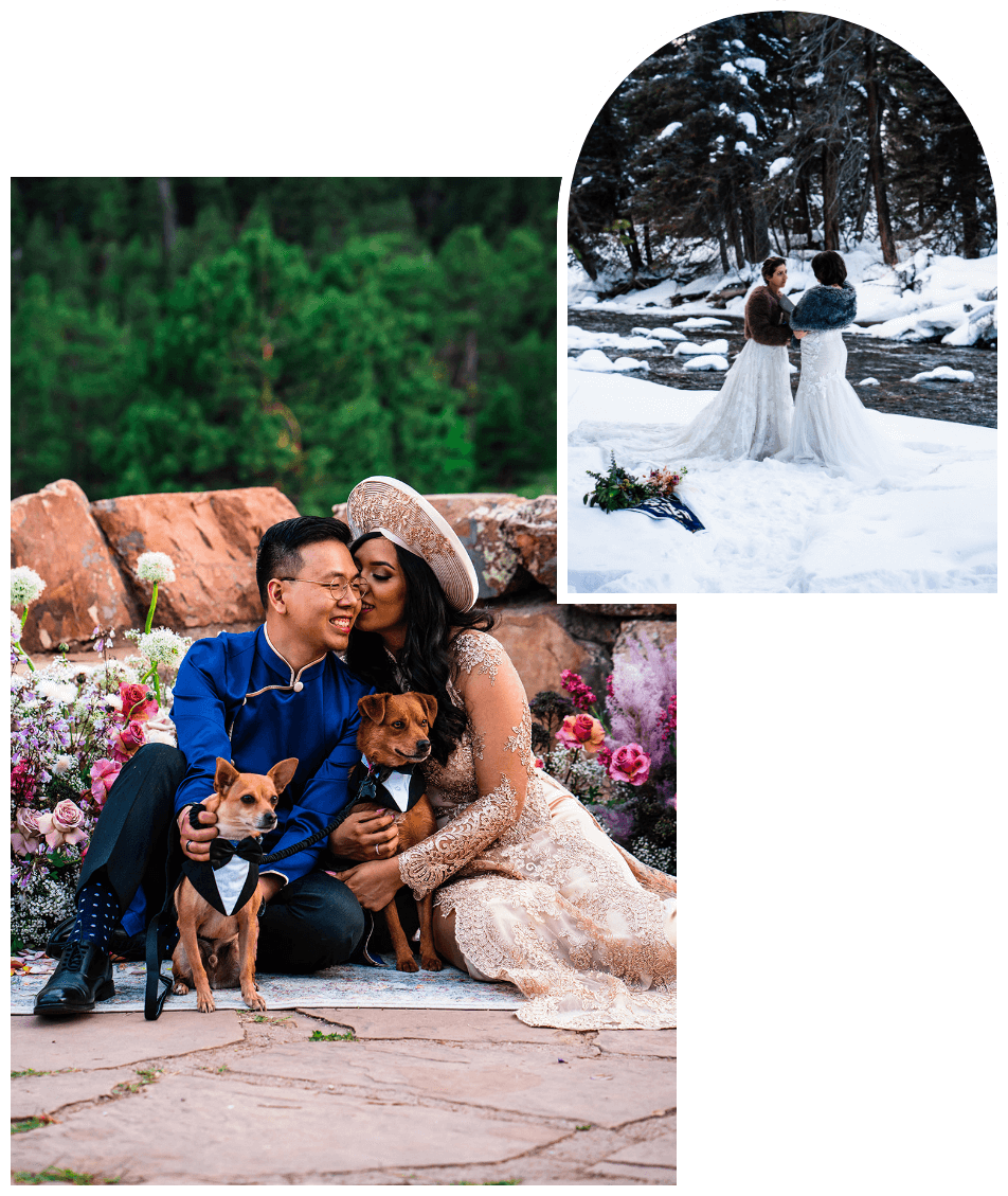 2 images: 1) a bride and groom sit with their dogs surrounded by flowers 2) 2 brides hold hands in the snow during their adventure elopement