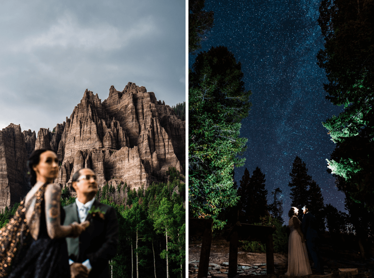 2 photos: a couple, out of focus in front of a mountain ridge in Colorado 2) a bride and groom under a starry night sky