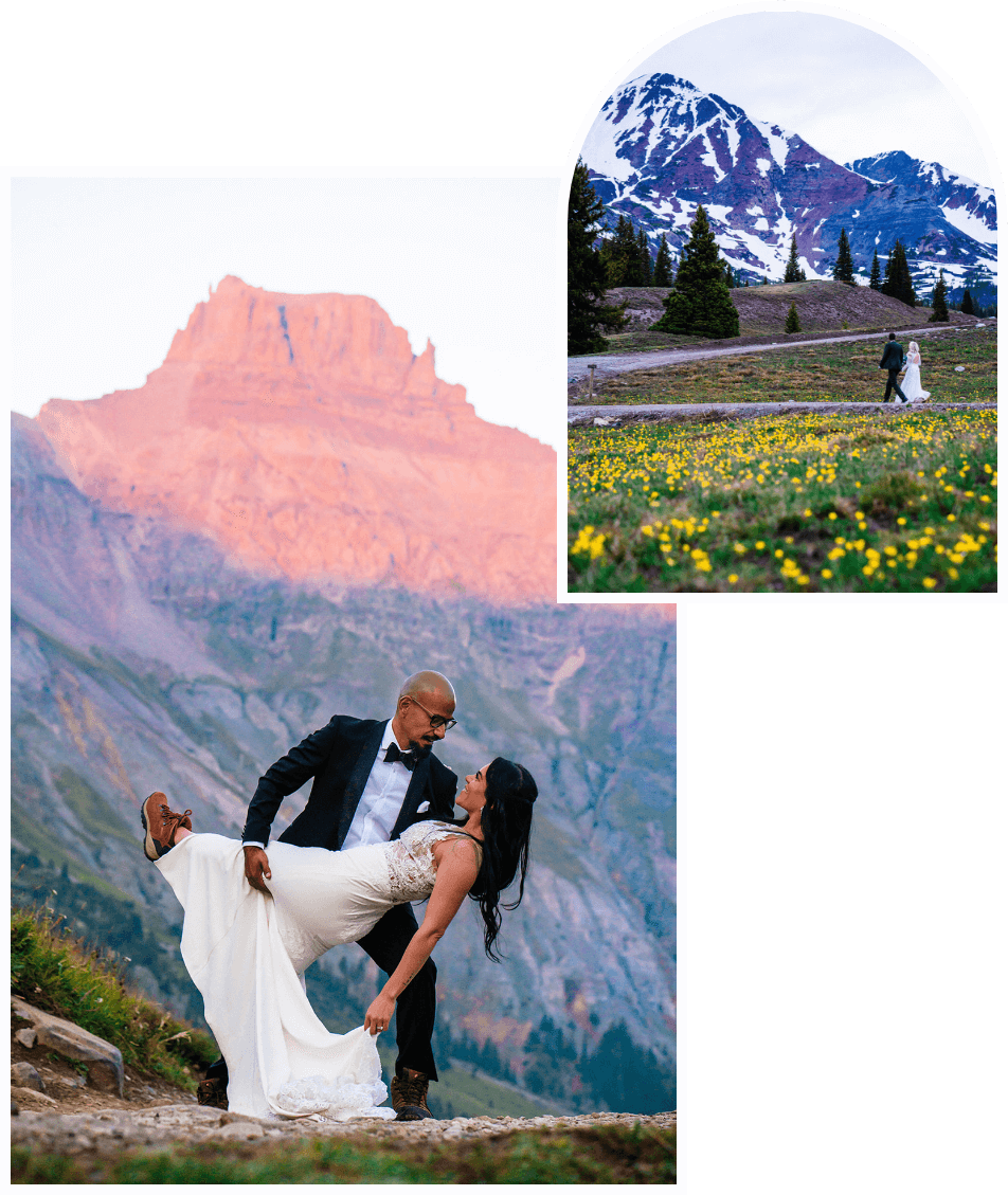 1: a groom dips his bride with mountains in the background 2: a bride and groom walking down a path in the distance surrounded by mountains and a field of flowers
