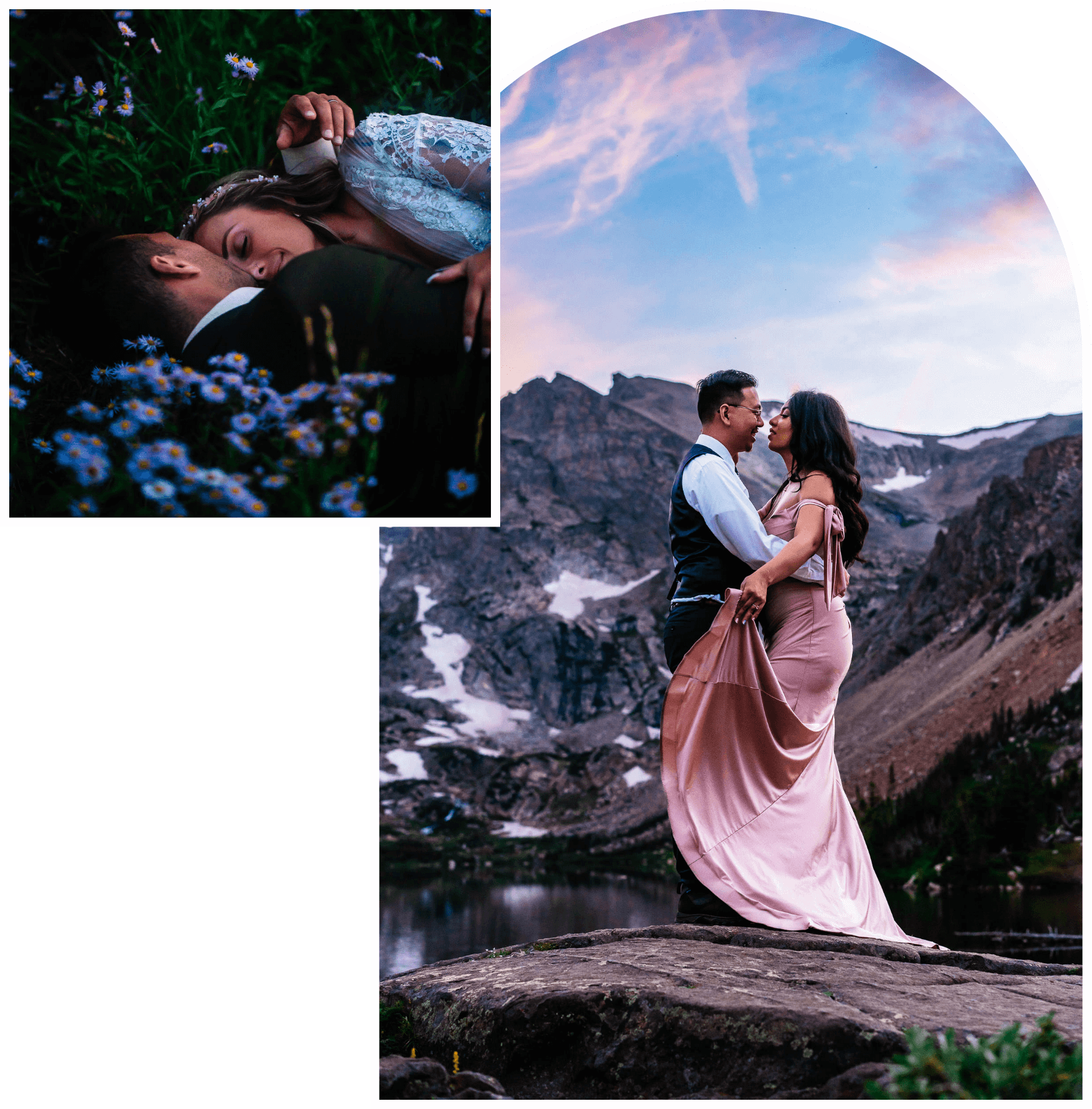 A couple embracing in nature, with one image showing them lying in a flower field and the other standing together on a rock by a mountain lake, captured by a Colorado elopement photographer.